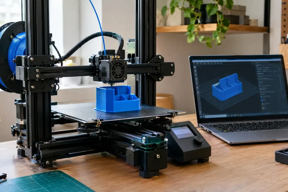 Impressora 3D doméstica produzindo uma peça de PLA azul sobre mesa de impressão.