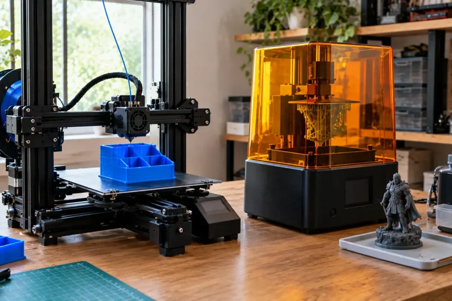 Impressora 3D FDM com filamento e impressora 3D de resina lado a lado em bancada doméstica, com peças produzidas por ambas as tecnologias.