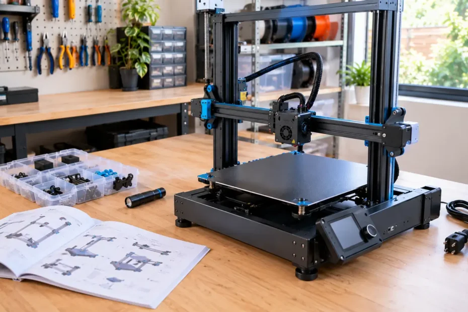 Impressora 3D FDM nova desligada sobre bancada, com cabo de energia desconectado, manual aberto e componentes preparados para inspeção.