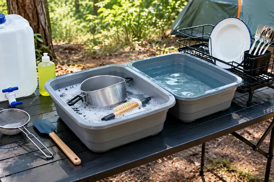 Bancada de camping com duas bacias para lavagem e enxágue de pratos, panelas e talheres, detergente, escova e reservatório de água limpa.