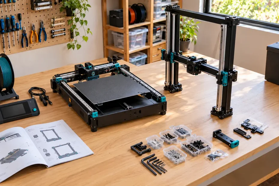 Impressora 3D FDM parcialmente montada sobre bancada, com estrutura metálica, ferramentas, parafusos e componentes organizados para instalação.
