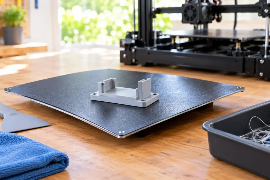 Chapa flexível de impressão 3D levemente curvada sobre bancada maker, com peça de PLA cinza parcialmente desprendida e espátula plástica ao lado.