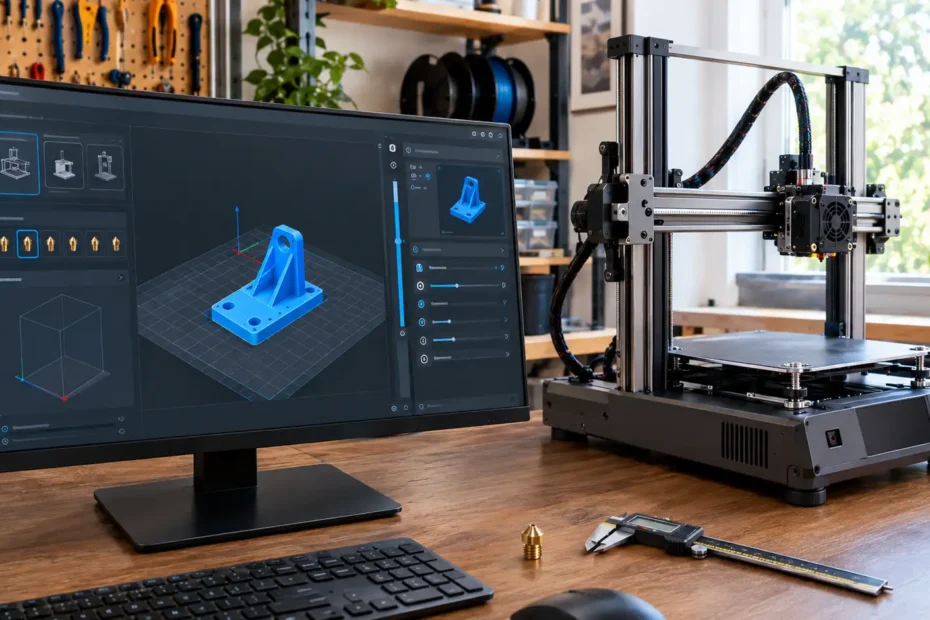 Computador exibindo interface de configuração de perfis de impressora 3D, com seleção de máquina, diâmetro do bico e mesa virtual, ao lado de impressora FDM.