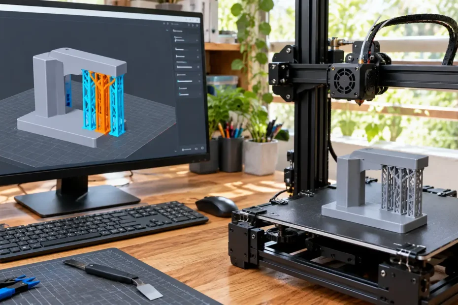 Monitor com fatiador 3D exibindo peça mecânica com saliência horizontal apoiada em suportes, ao lado de impressora 3D FDM e peça física em PLA.