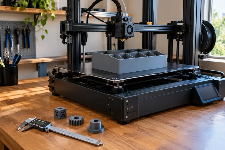 Mesa de impressora 3D FDM com peça funcional e instrumento de medição para avaliar largura, profundidade e altura disponíveis.